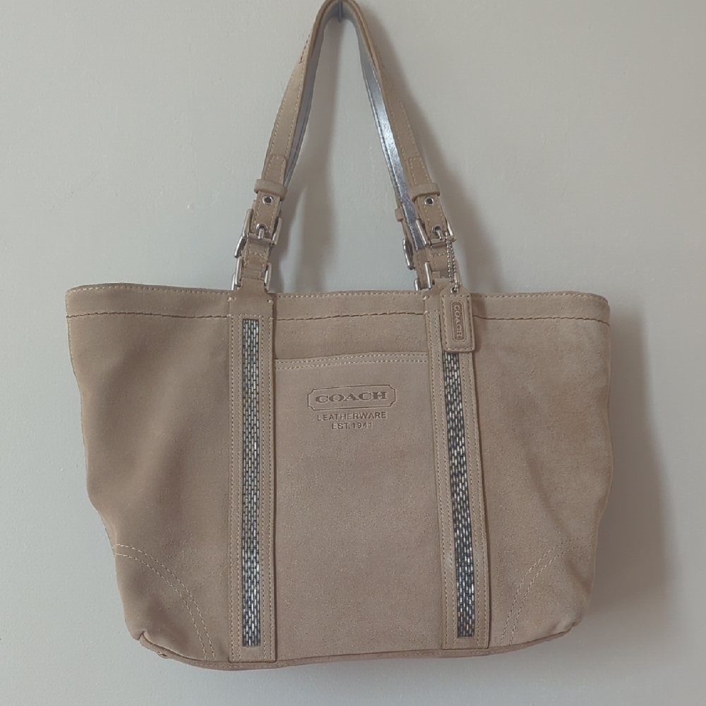 Coach Beige Suede Tote with Silver Accents